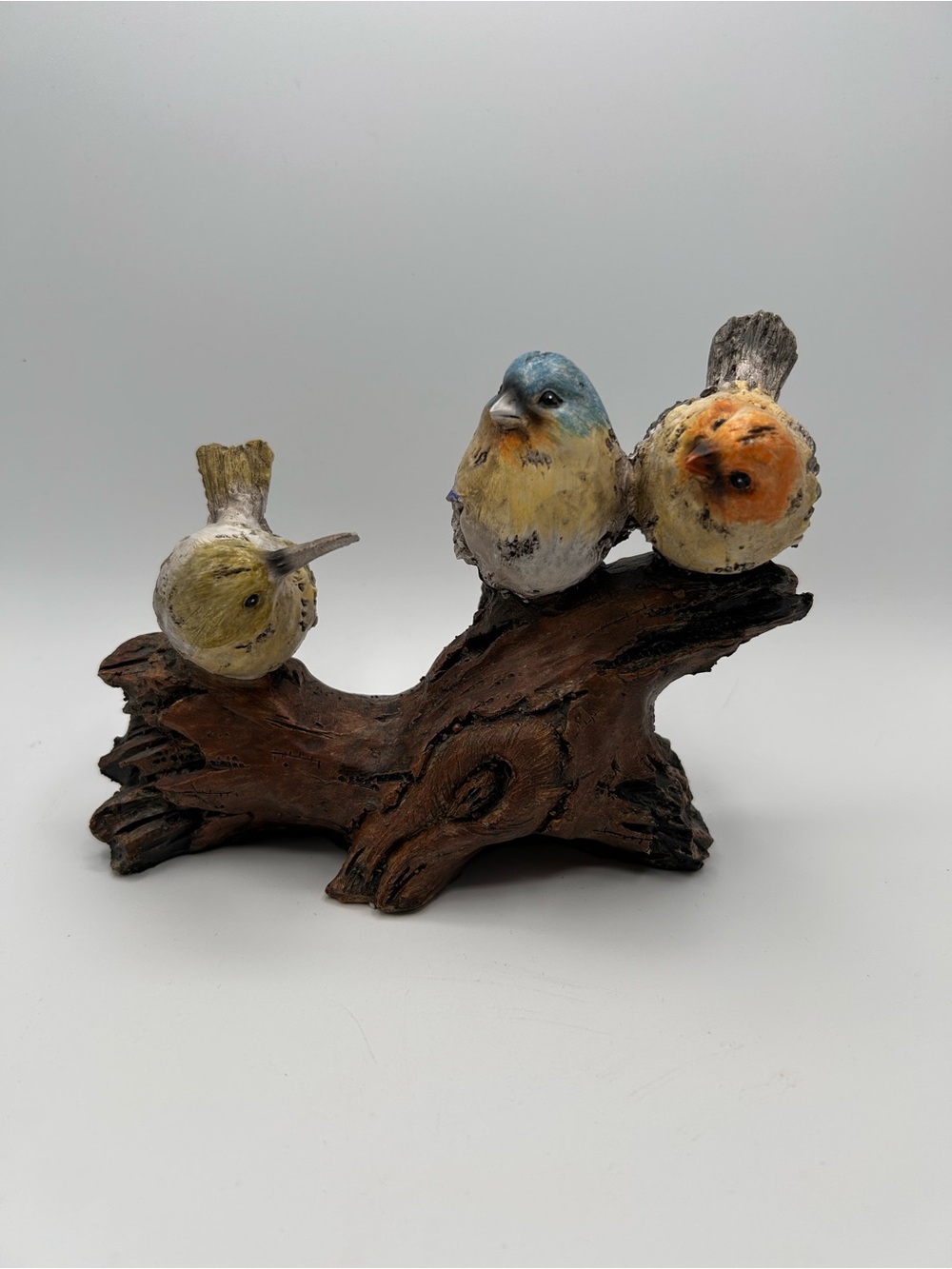 Charming Cottagecore Three Bird Figurine Sculpture on Rustic Log Base